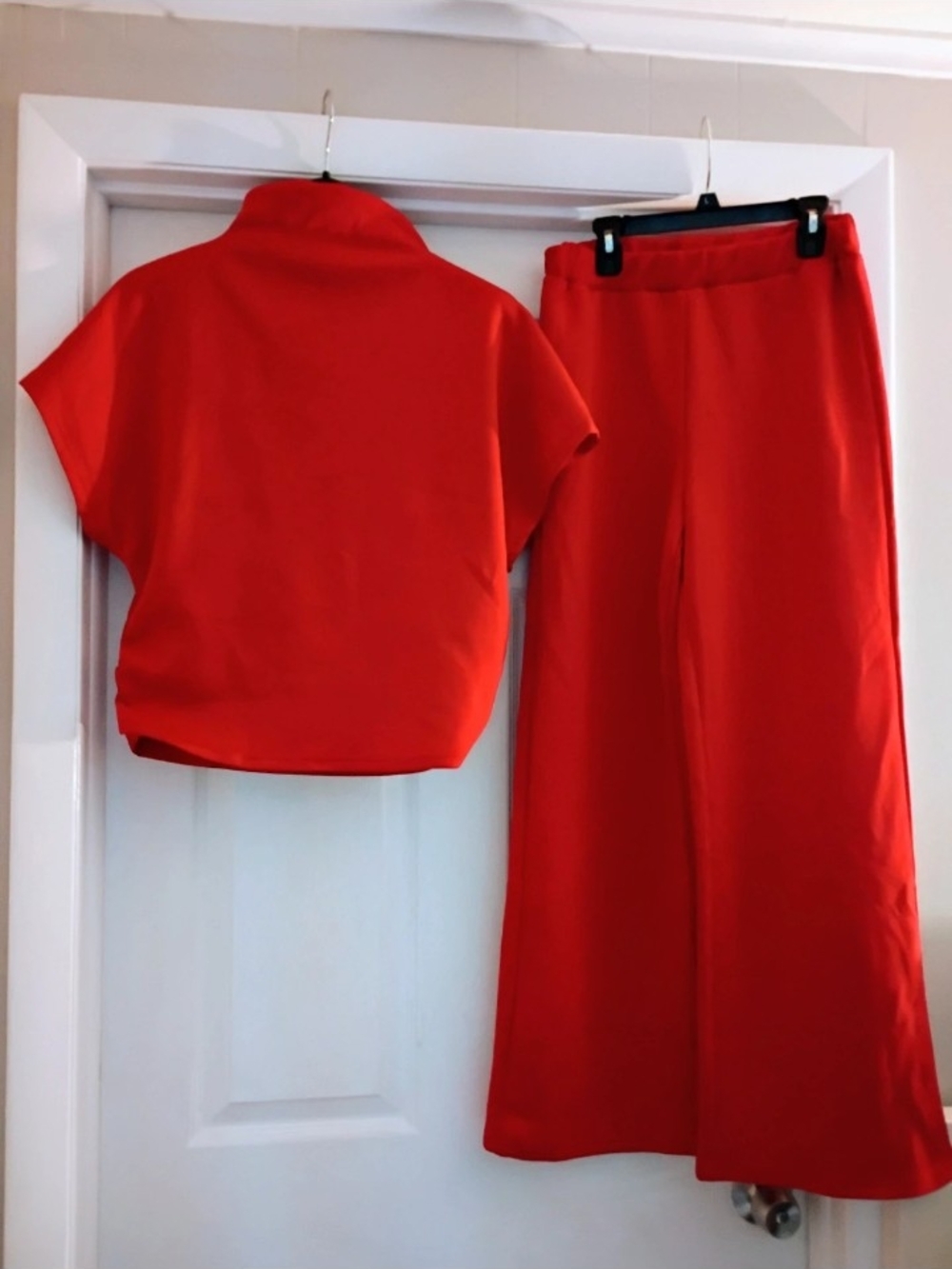 Red Wide-Leg Pants and Short Sleeve Top Set